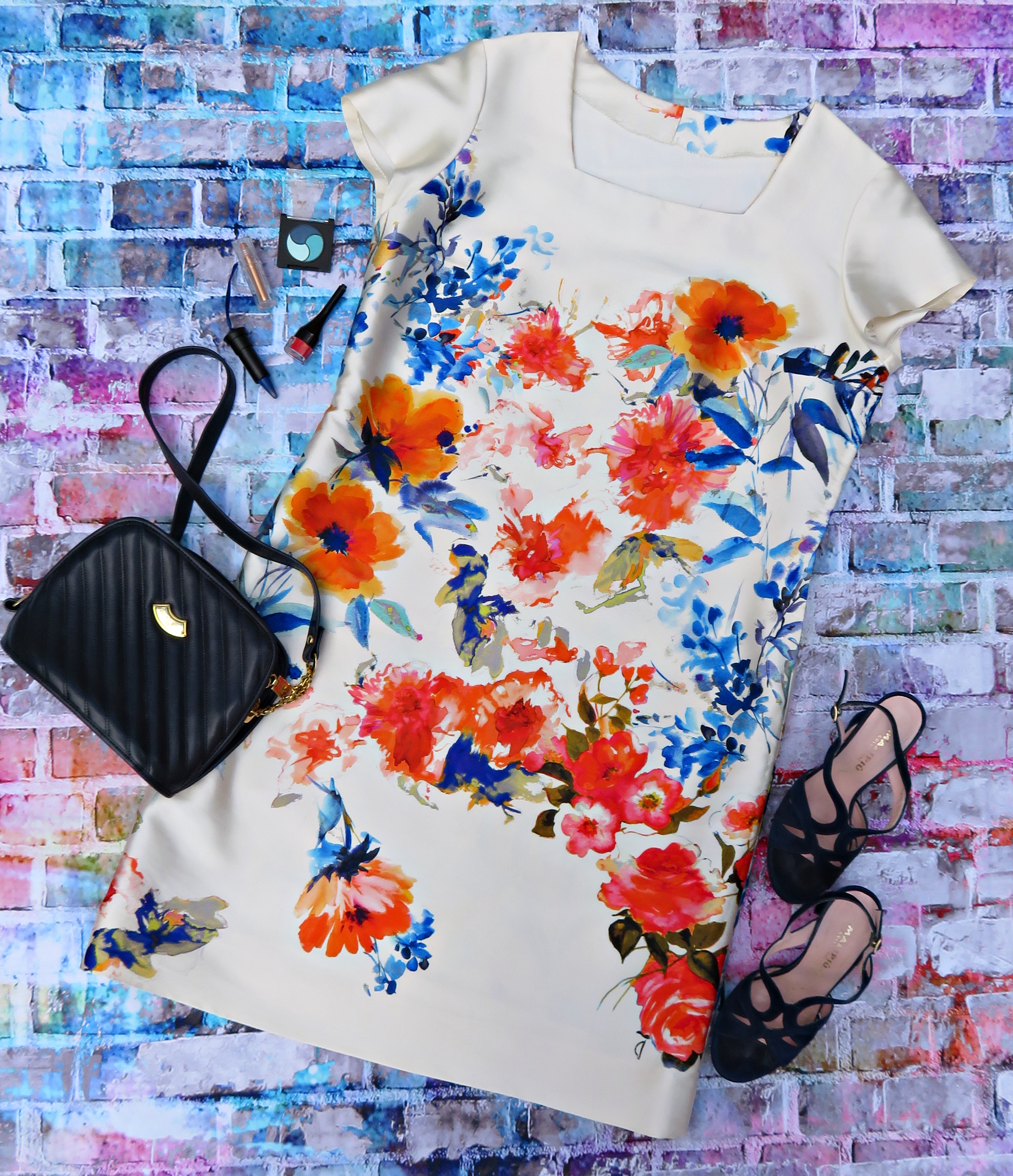 Vestido flores azul naranja 2