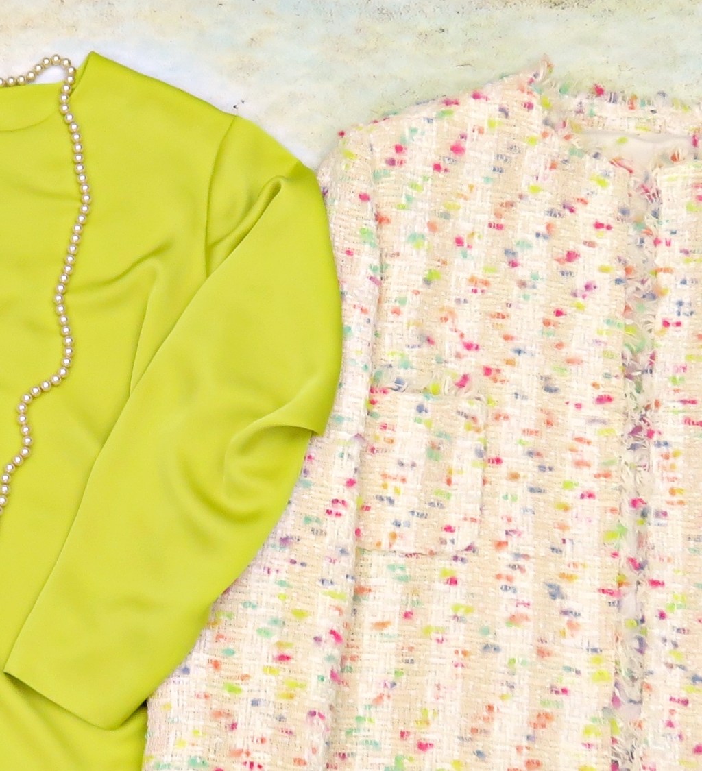 Traje chanel verano crema y colorines (2018)