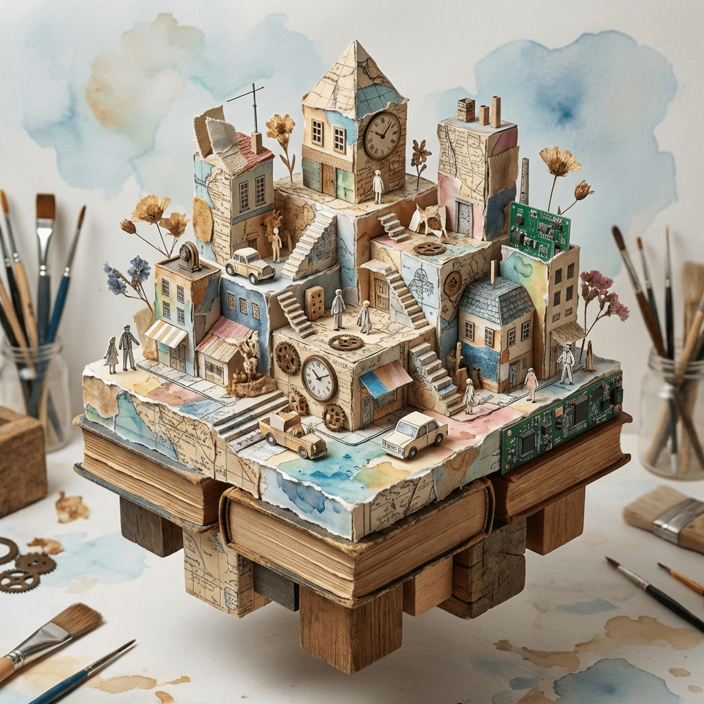 Intricate paper-craft miniature city built atop old books and wooden blocks.