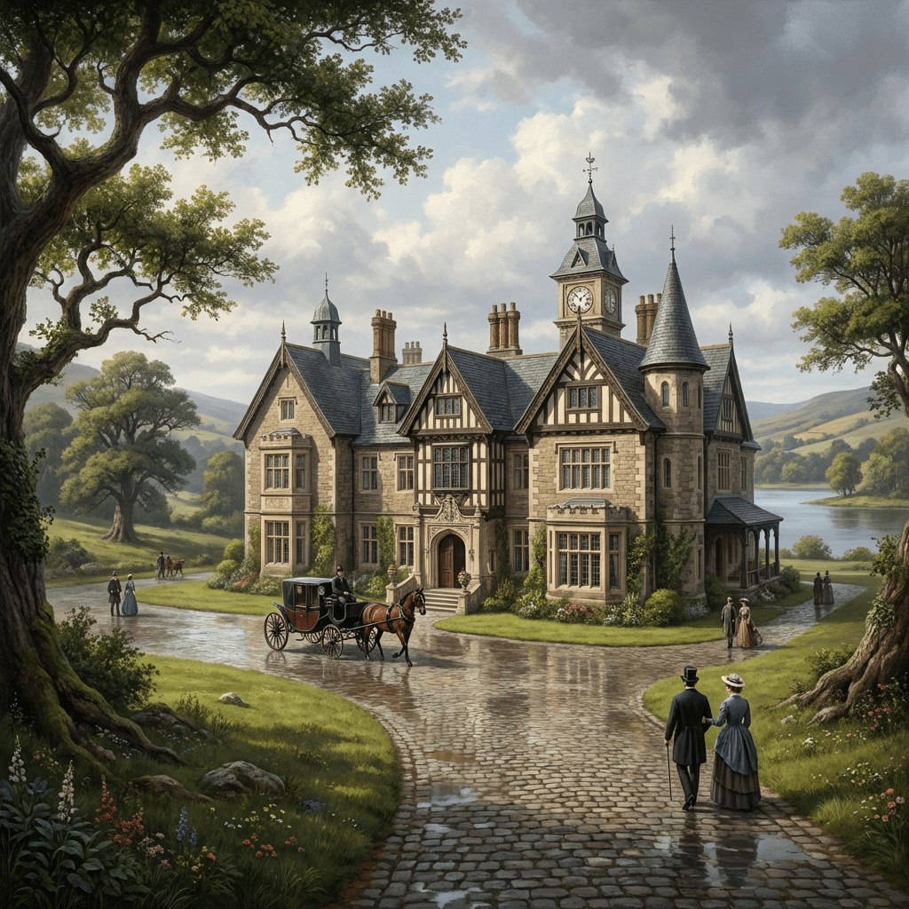 Victorian manor house with a horse-drawn carriage on a wet cobblestone driveway.