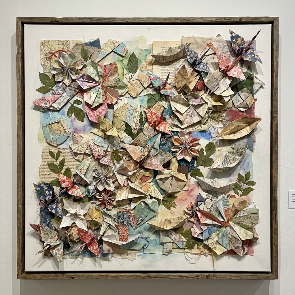 Mixed-media collage with origami shapes, fabric, and leaves inside a rustic wooden frame.