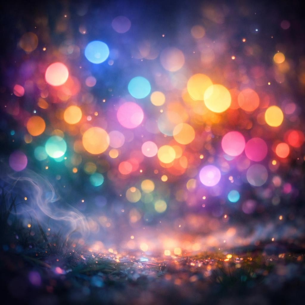 Multicolored blurred bokeh lights on a dark background with glowing effects