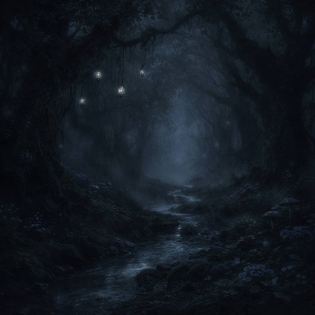 Glowing lanterns hanging from trees over a stream in a magical forest with flowers and mushrooms