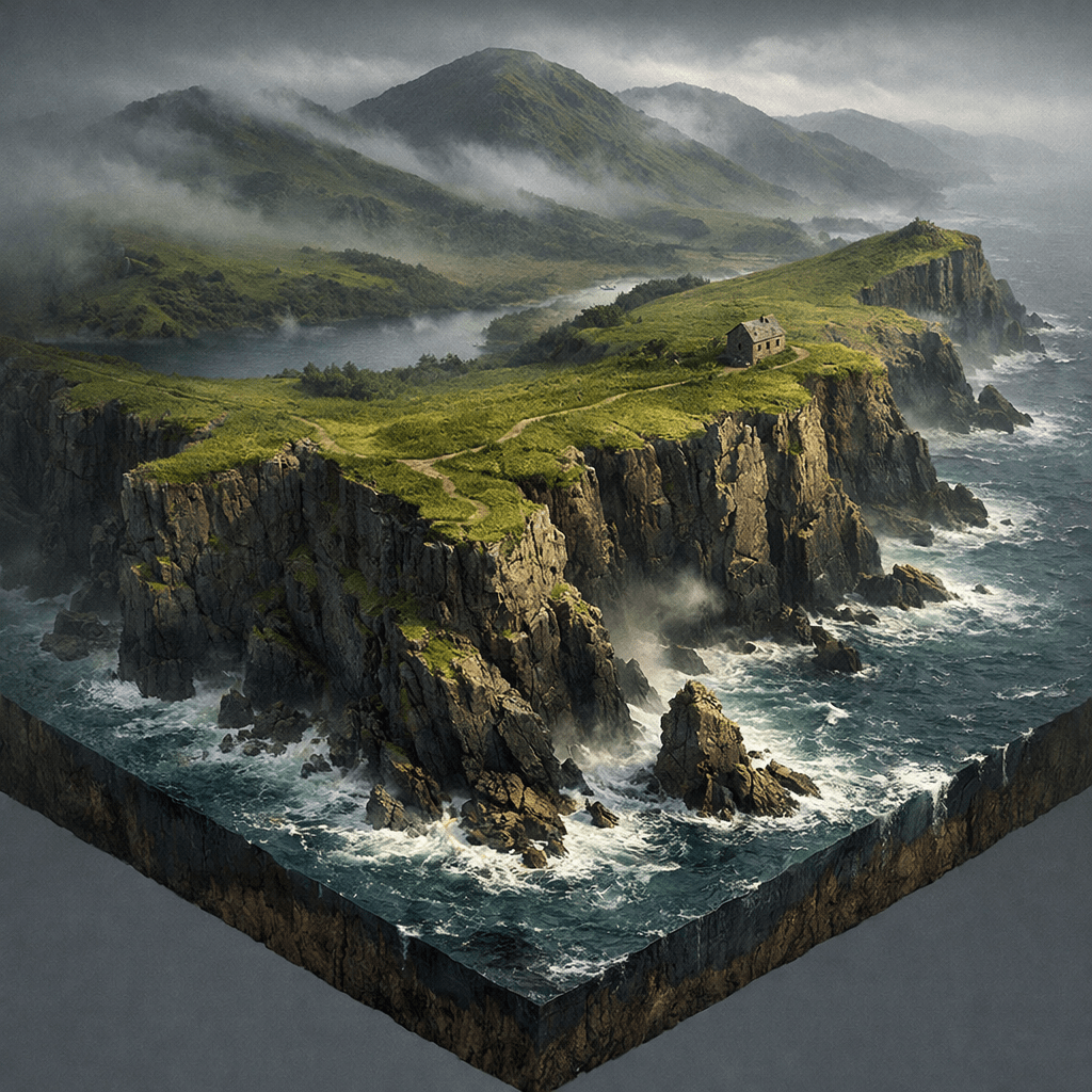 Miniature coastal cliff landscape with waves crashing and a small house