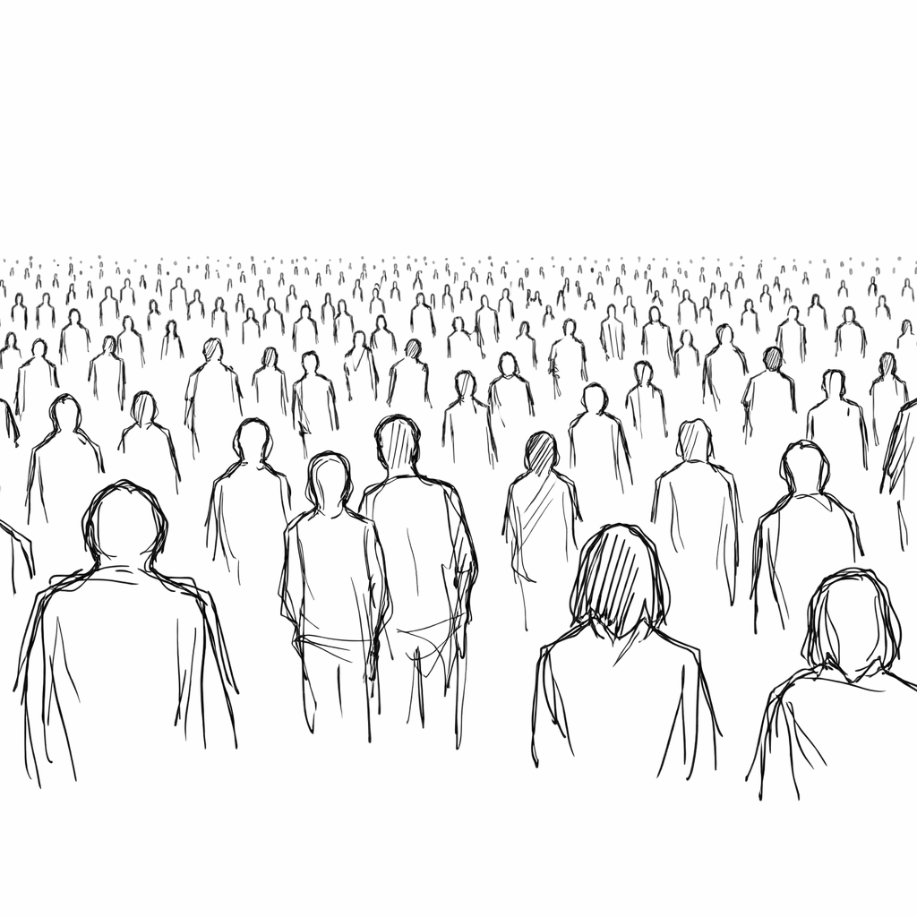 Add many distant shapeless people silhouettes