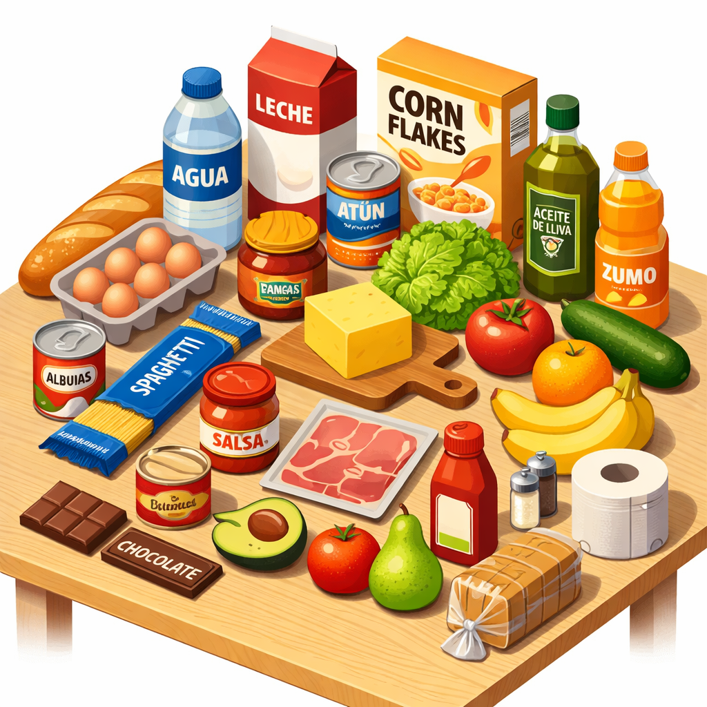 Grocery items including bread, eggs, spaghetti, canned goods, vegetables, fruits, cheese, and beverages on a wooden table