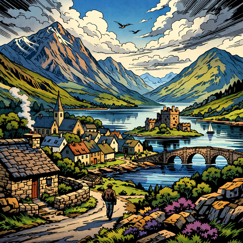 Village by a lake with mountains, stone bridge, and castle on an island