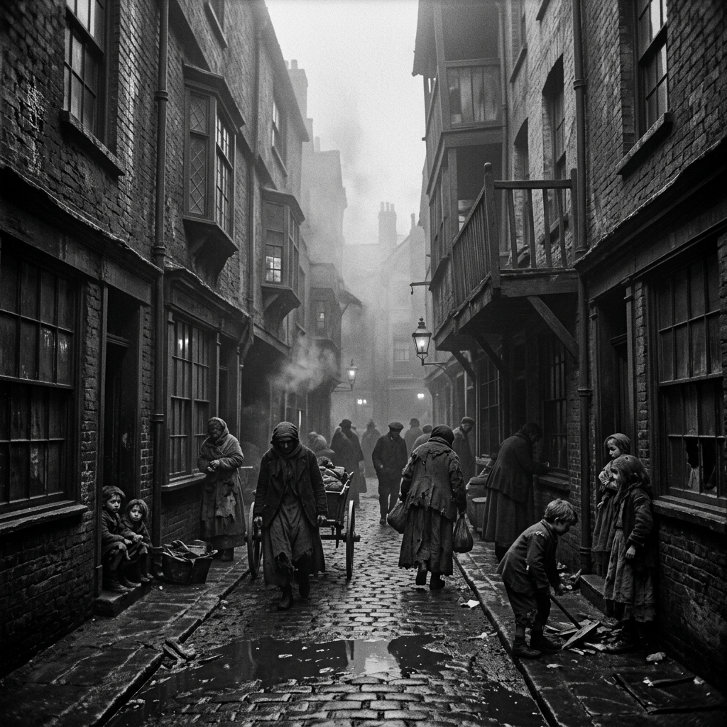 Crowded Victorian street with people in tattered clothing on cobblestones and fog.