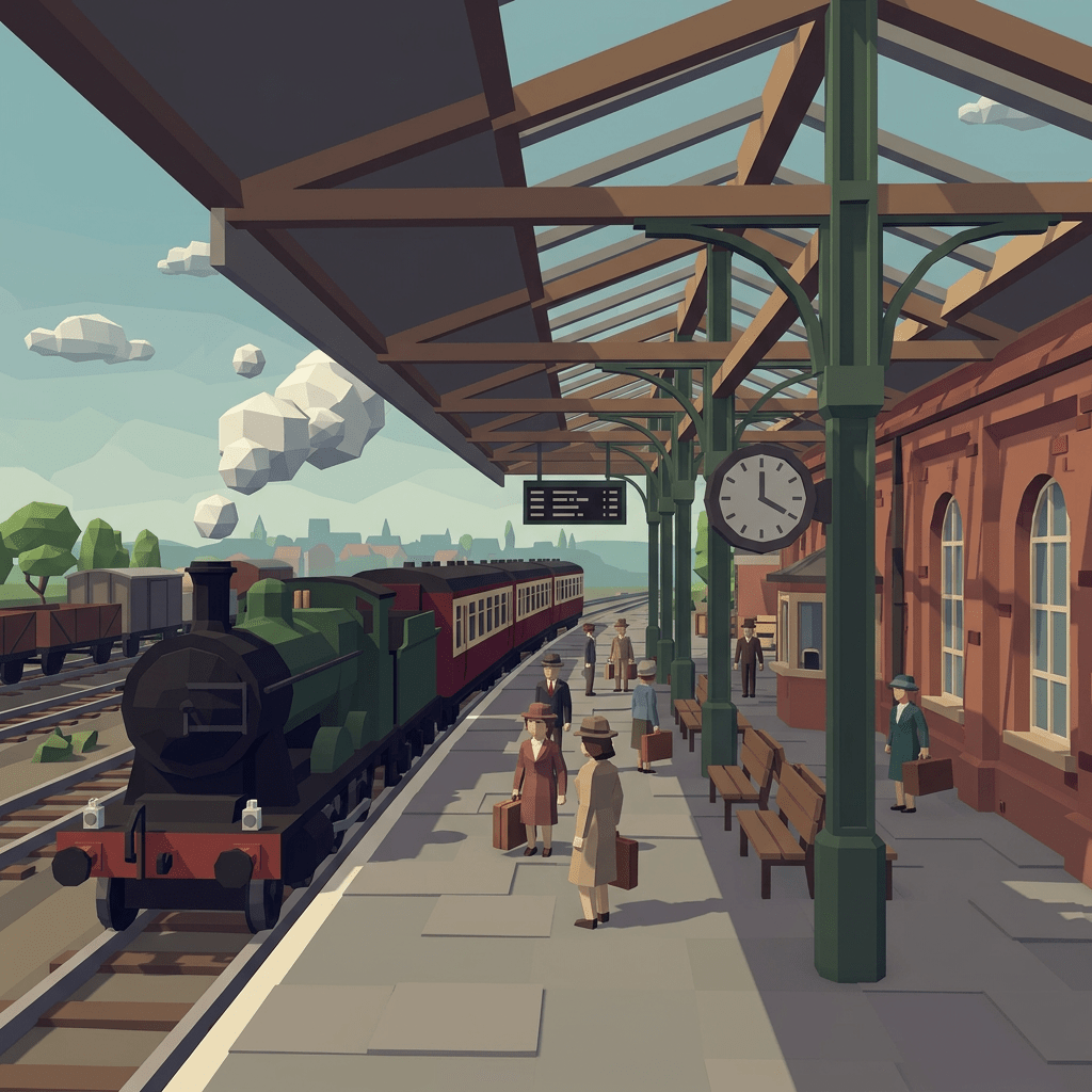 Steam train stopped at a platform with passengers carrying suitcases