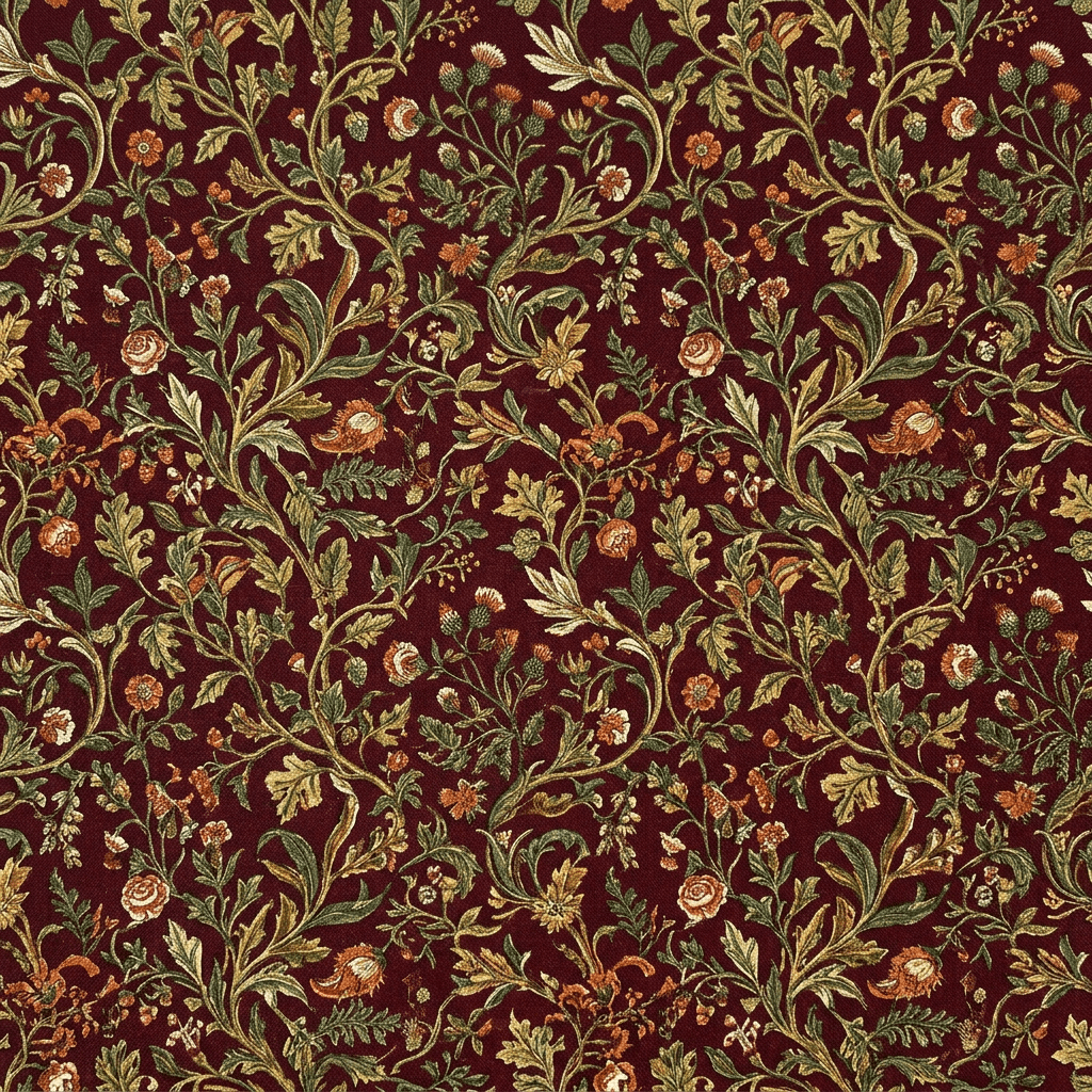 Vegetal patterned prints on dark red background