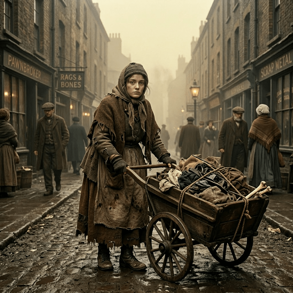 Elderly woman in ragged clothing pushing a wooden cart of rags and bones on cobblestone street