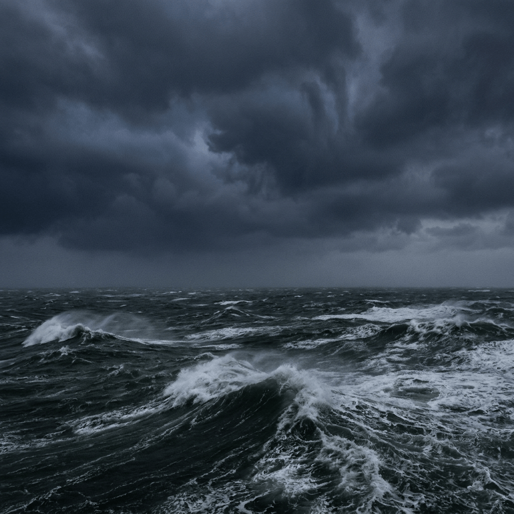 Mar agitado y cielo oscuro sin barcos