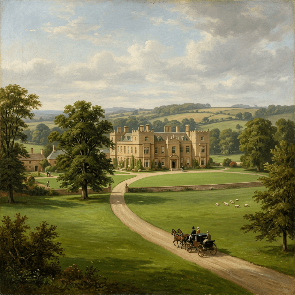 Grand country estate with horse-drawn carriage on driveway and rolling hills in background