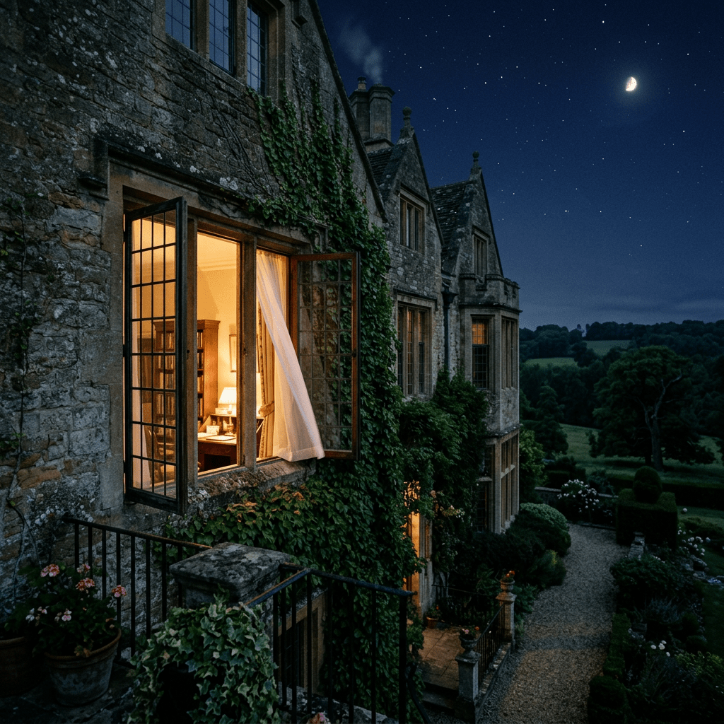 Stone manor house with ivy and open windows showing warmly lit interior at night