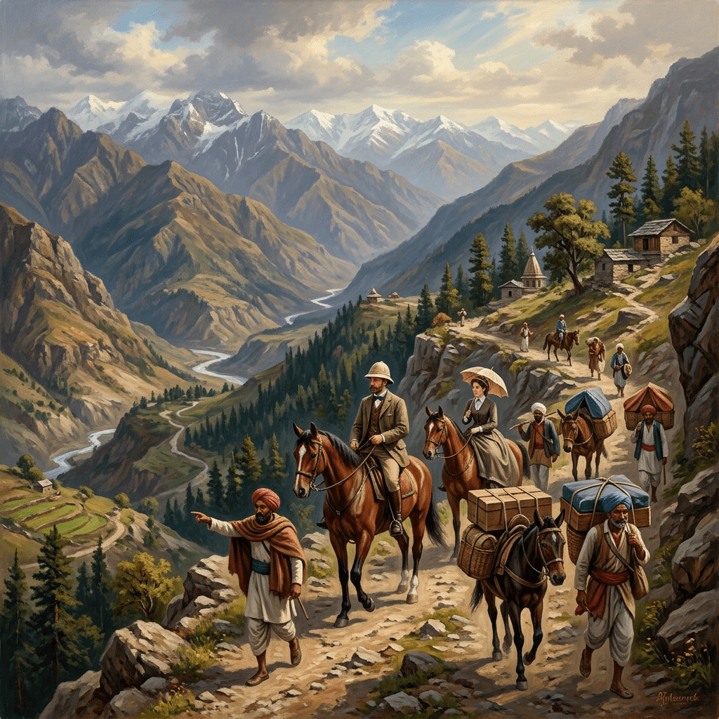 Travelers and guides on horseback and on foot along a mountain path with snow-capped peaks and forested valleys in the background