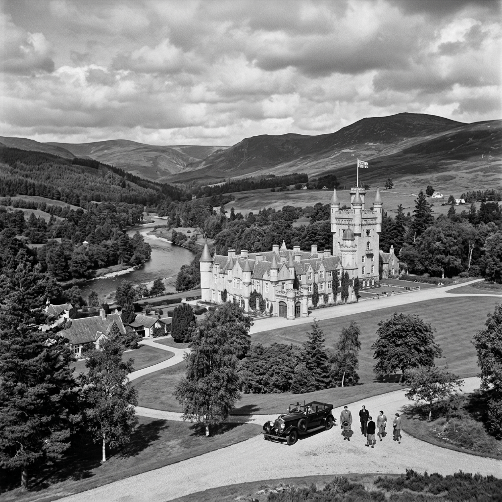 Historic castle and estate with vintage car and people in Scottish Highlands
