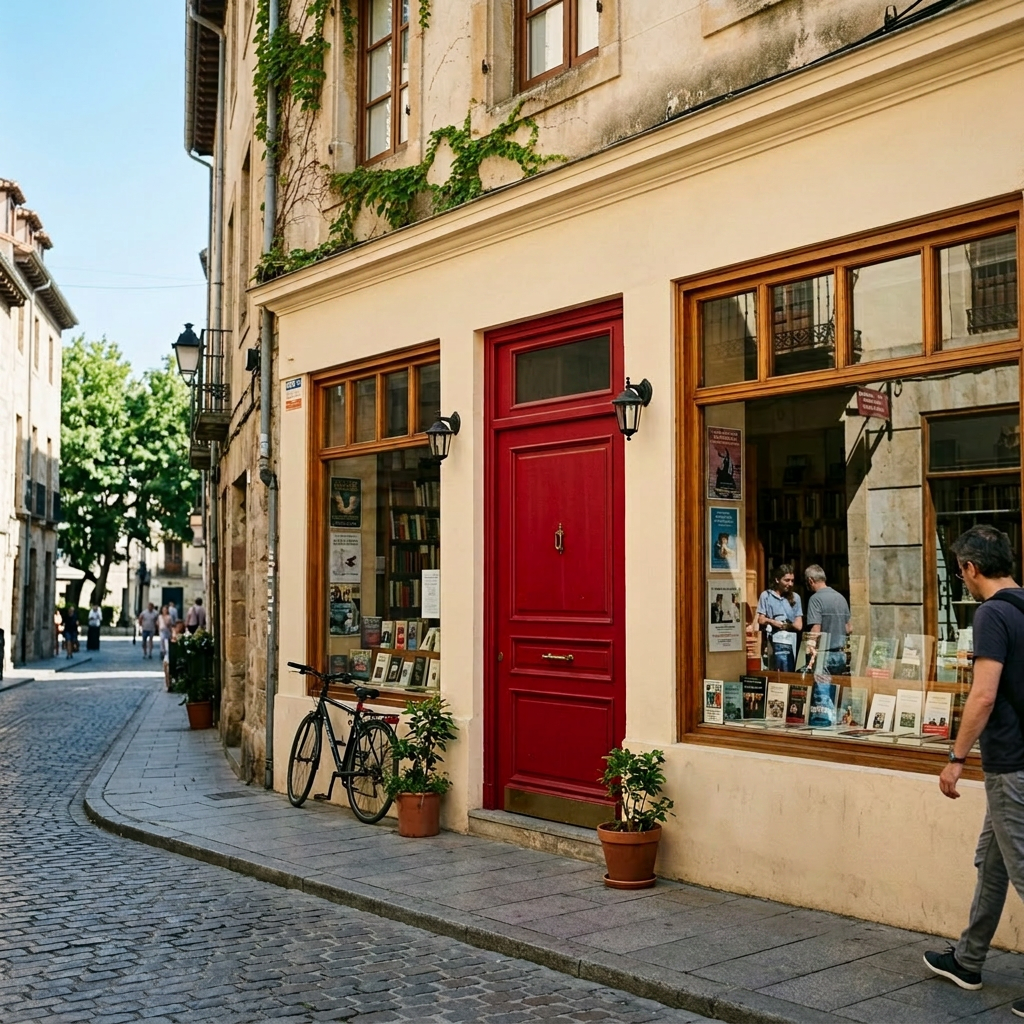 Bookstore exterior with red door, bicycle, and book displays