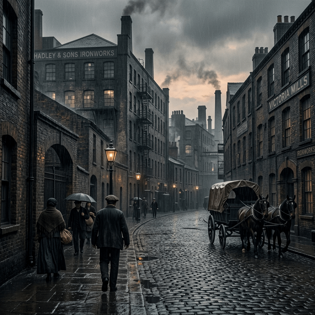 Cobblestone street in industrial town with people walking in rain and horse-drawn carriage