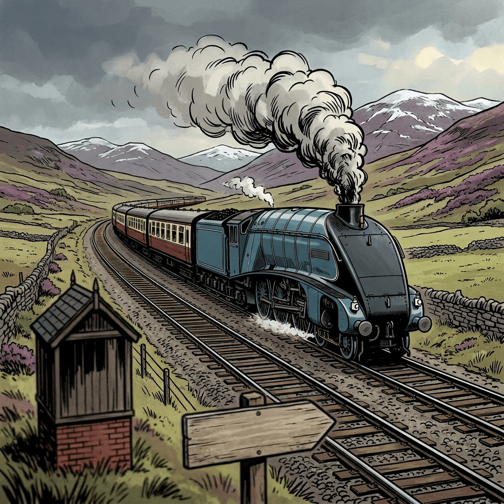 Blue steam locomotive labeled 'Scotland' moving northward on rail tracks in a mountainous countryside