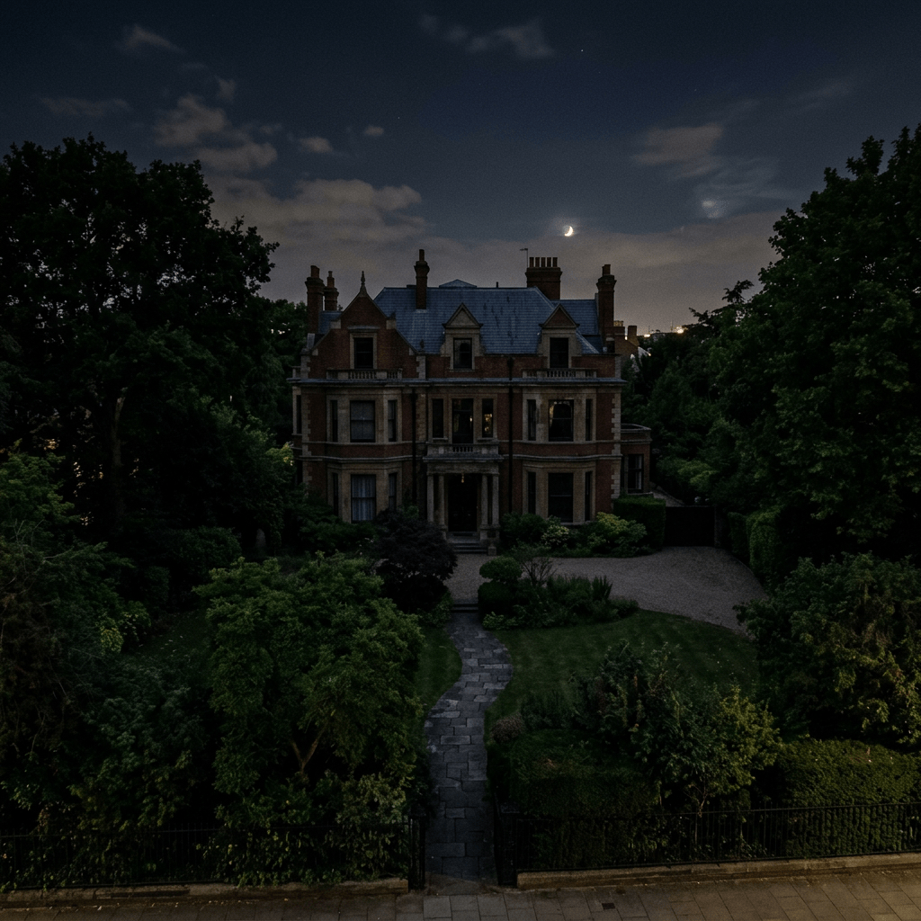 Victorian mansion surrounded by trees and garden with a crescent moon overhead at night