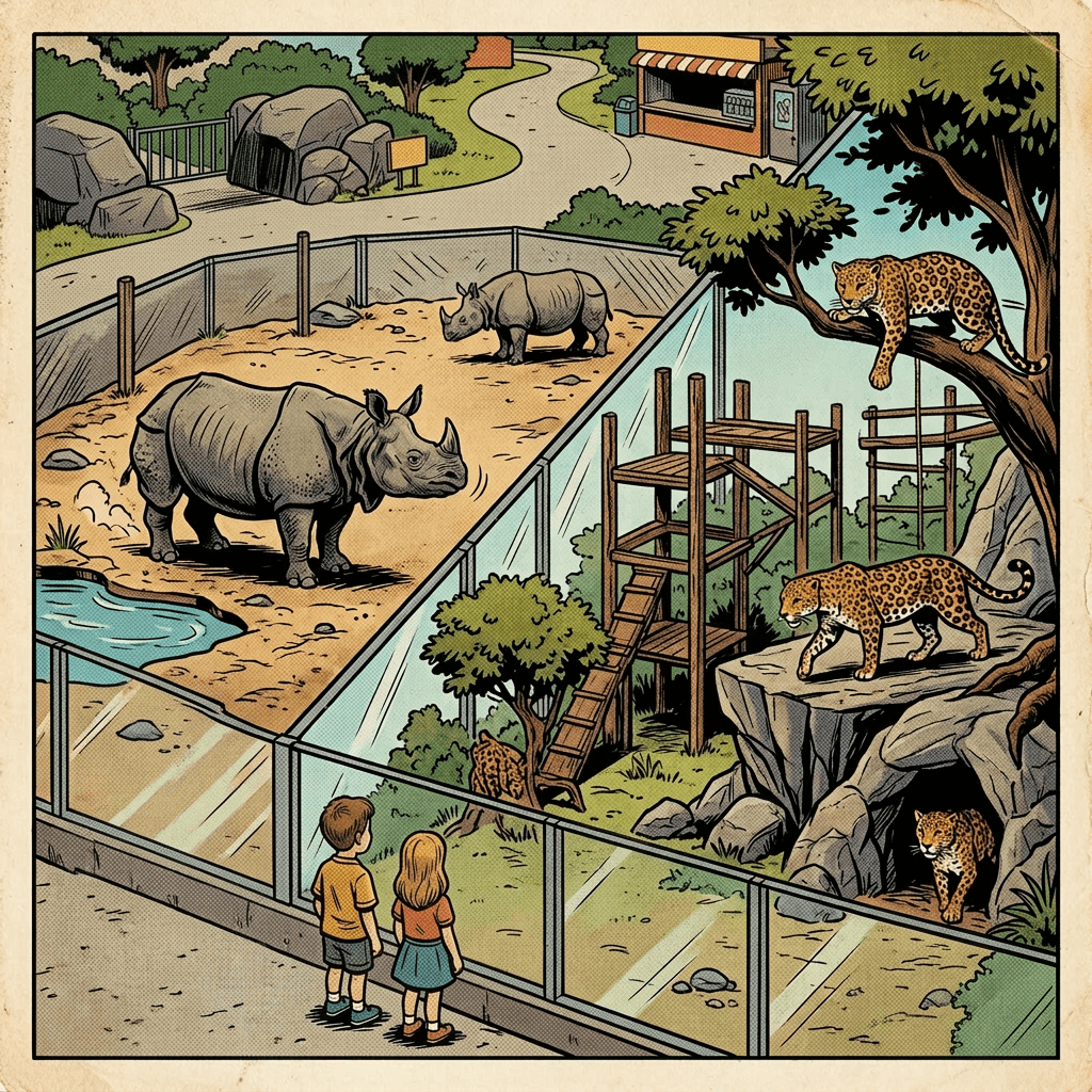 Zoo enclosures with two rhinoceroses and three leopards separated by glass with visitors observing.