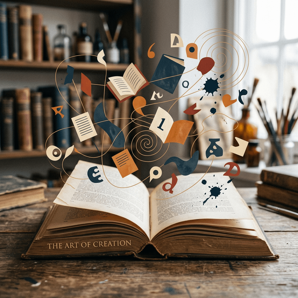 Open book with floating letters and symbols symbolizing imagination and creativity