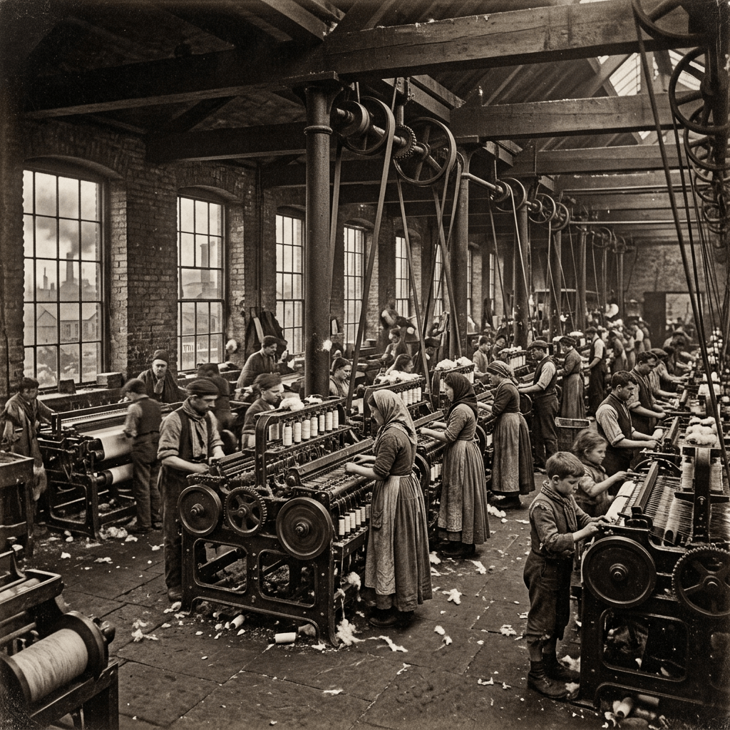 Men, women, and children working at machines in a crowded early 1900s textile factory
