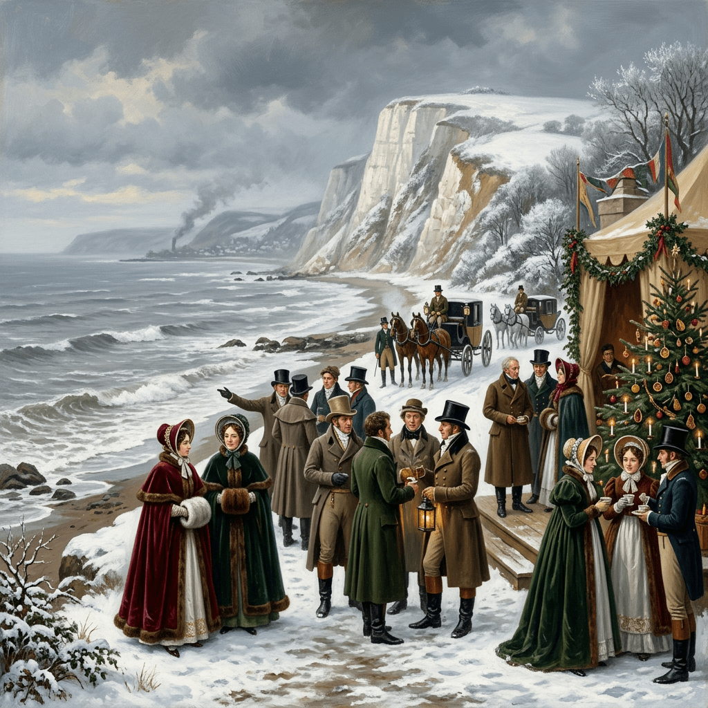 Group of Regency-era men and women socializing on a snowy beach near decorated Christmas tent