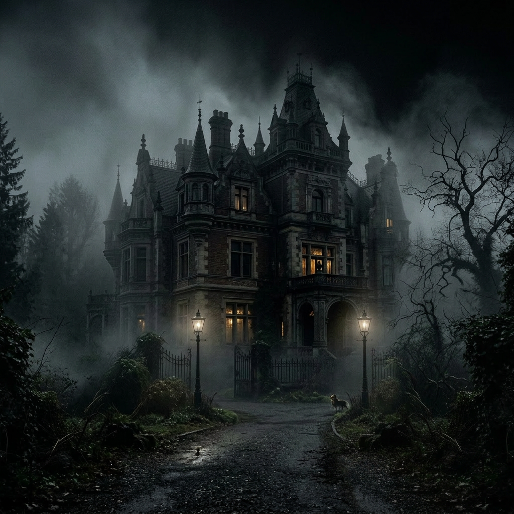 Victorian mansion shrouded in fog Victorian mansion with lit windows and foggy surroundings at night