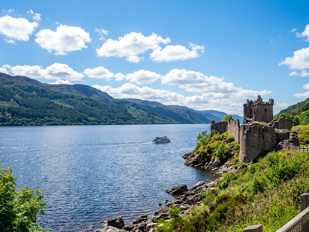 Ruins of Urquhart Castle on rocky shore with boat on Loch Ness and hills in background