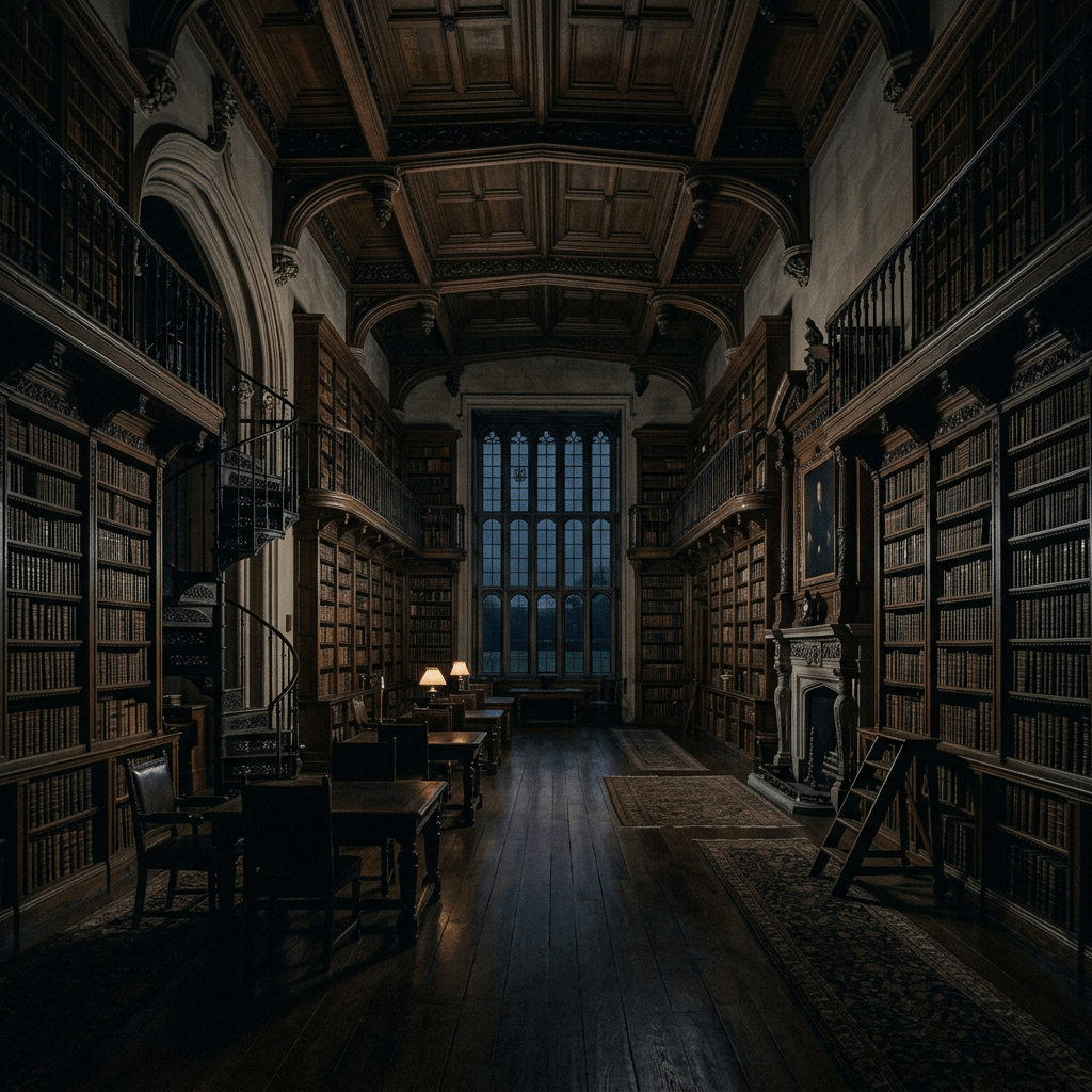 Historic library interior with tall wooden bookshelves, spiral staircase, and large window