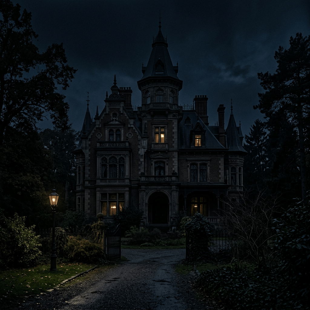 Large gothic mansion with illuminated windows at night surrounded by trees and a lit lamppost
