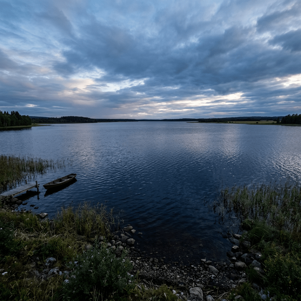 Wide dark blue lake without mountains