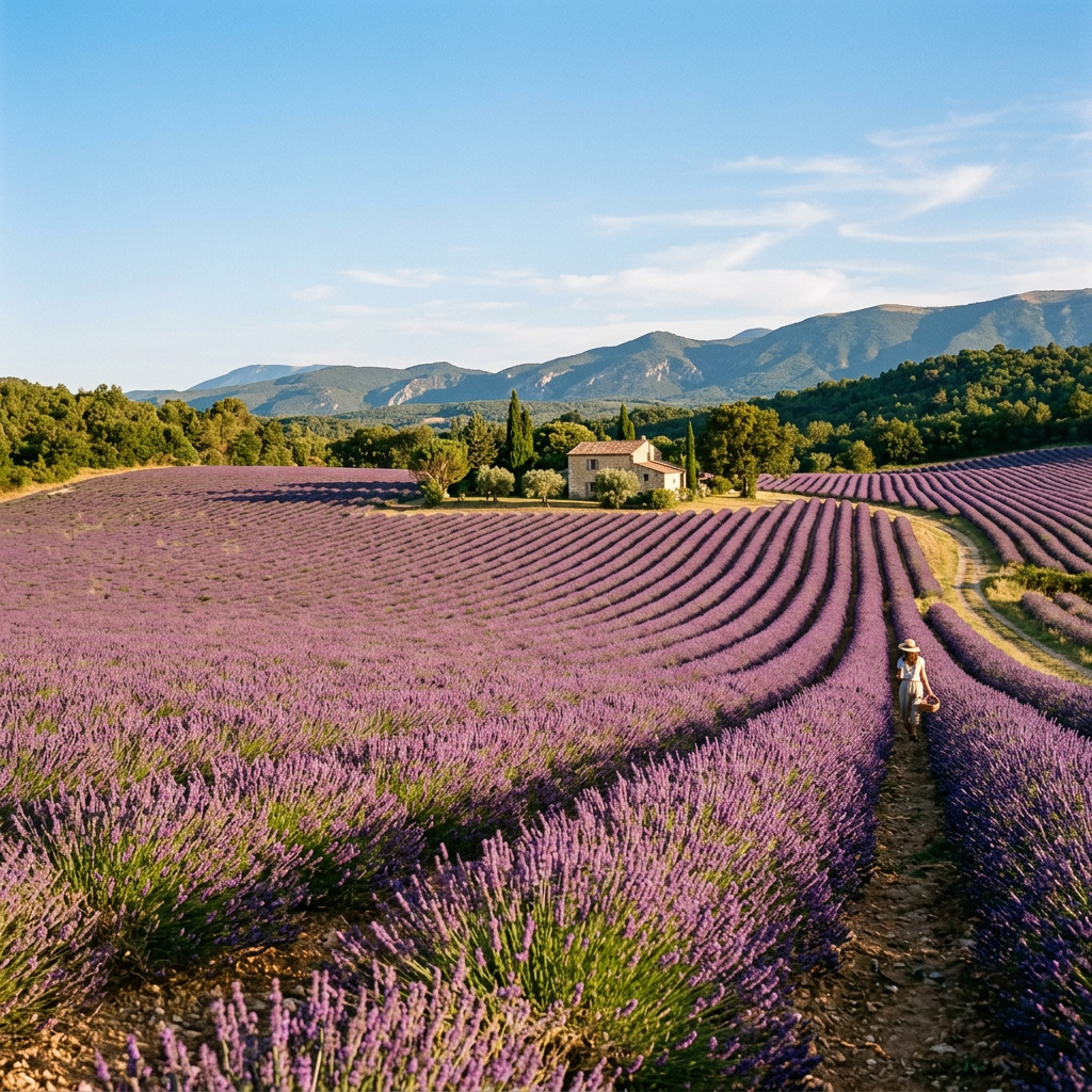 Person walking on path through blooming lavender field with cottage and mountains in background