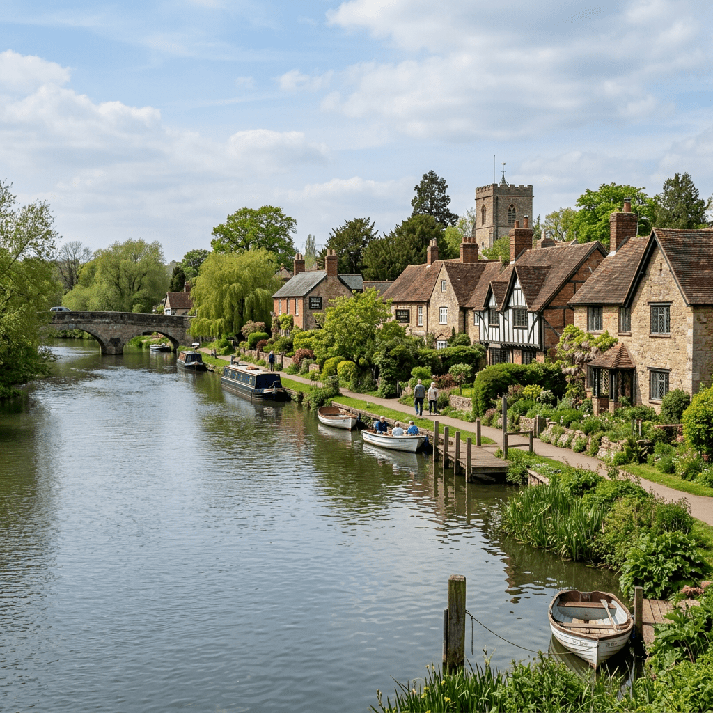 River bordered by stone cottages, boats, and a stone bridge under a partly cloudy sky