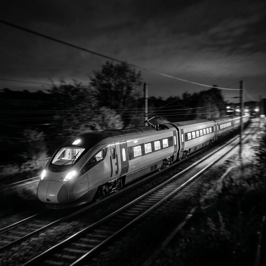 Passenger train moving on tracks at night with lights on