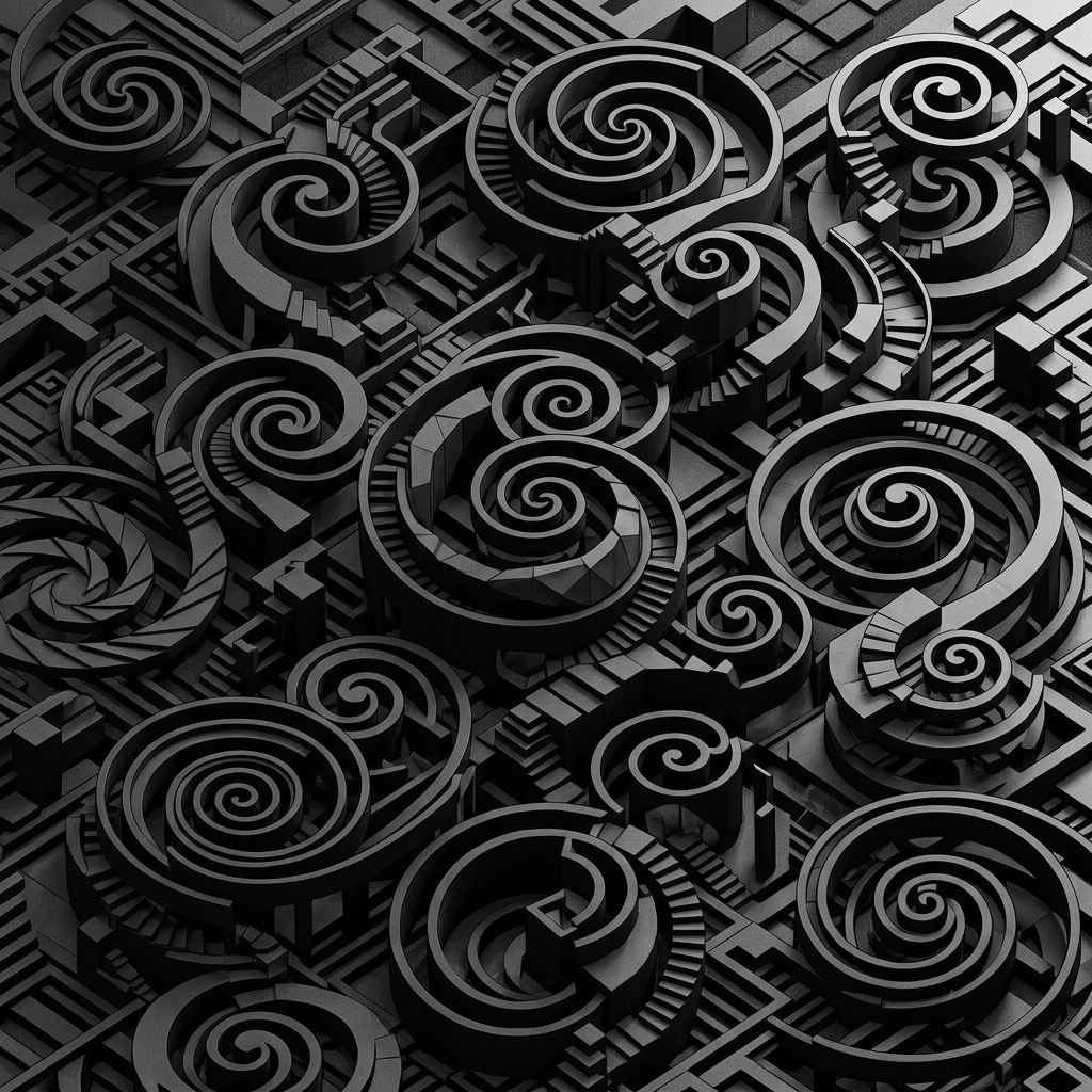 Black 3D spirals connected by staircases in a geometric pattern