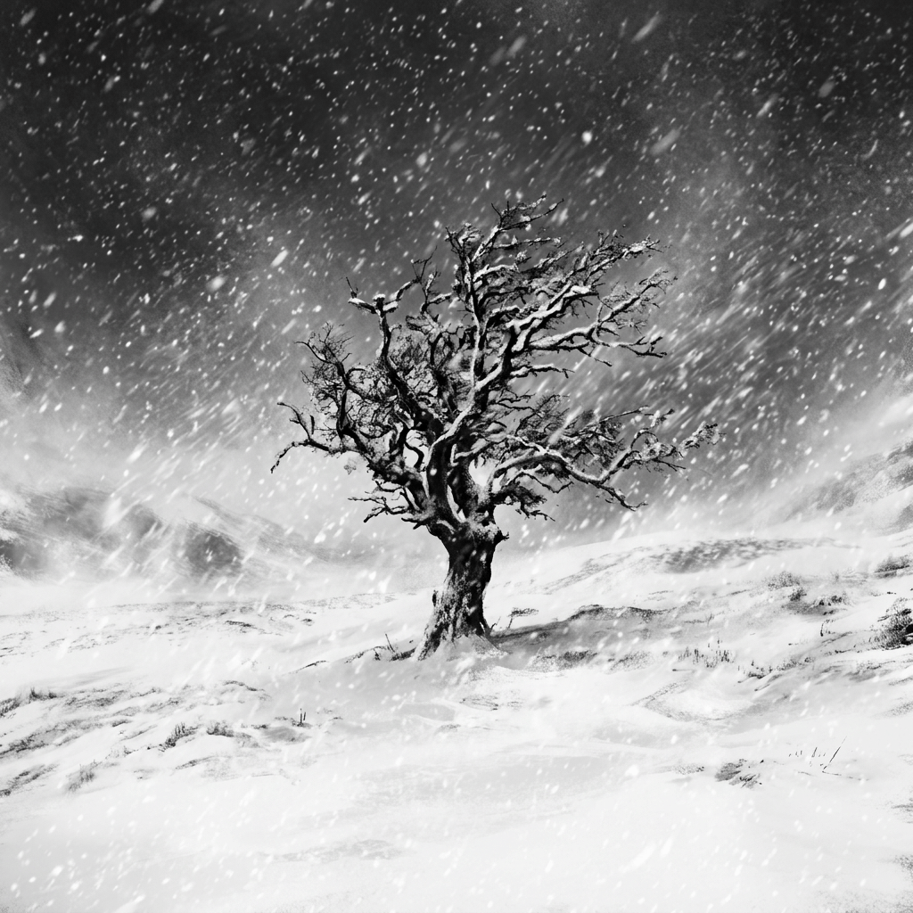 A solitary tree without leaves in a snowy landscape during a strong snowstorm.
