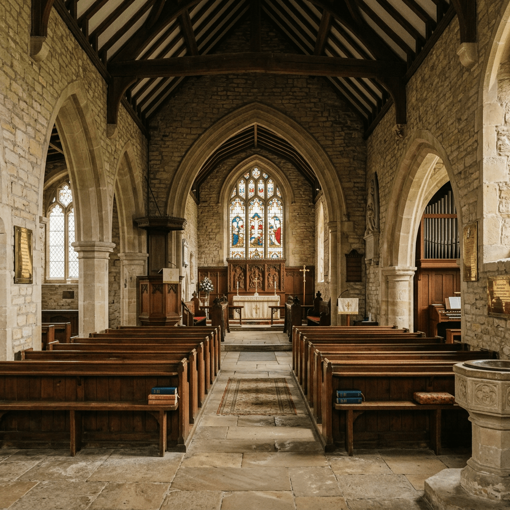 Interior of a chapel with wooden pews, stone walls, stained glass window, and altar