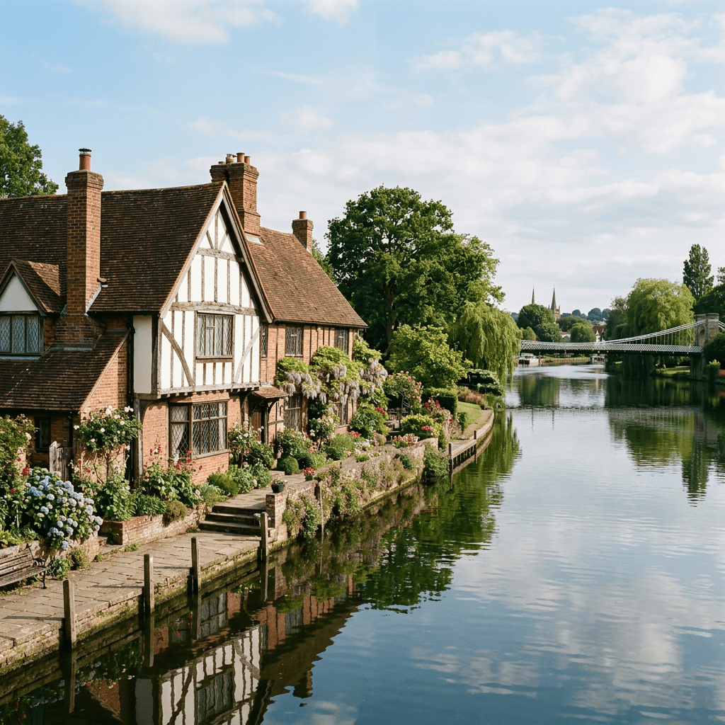 Riverside English cottage with boats on the water and green trees under a partly cloudy sky