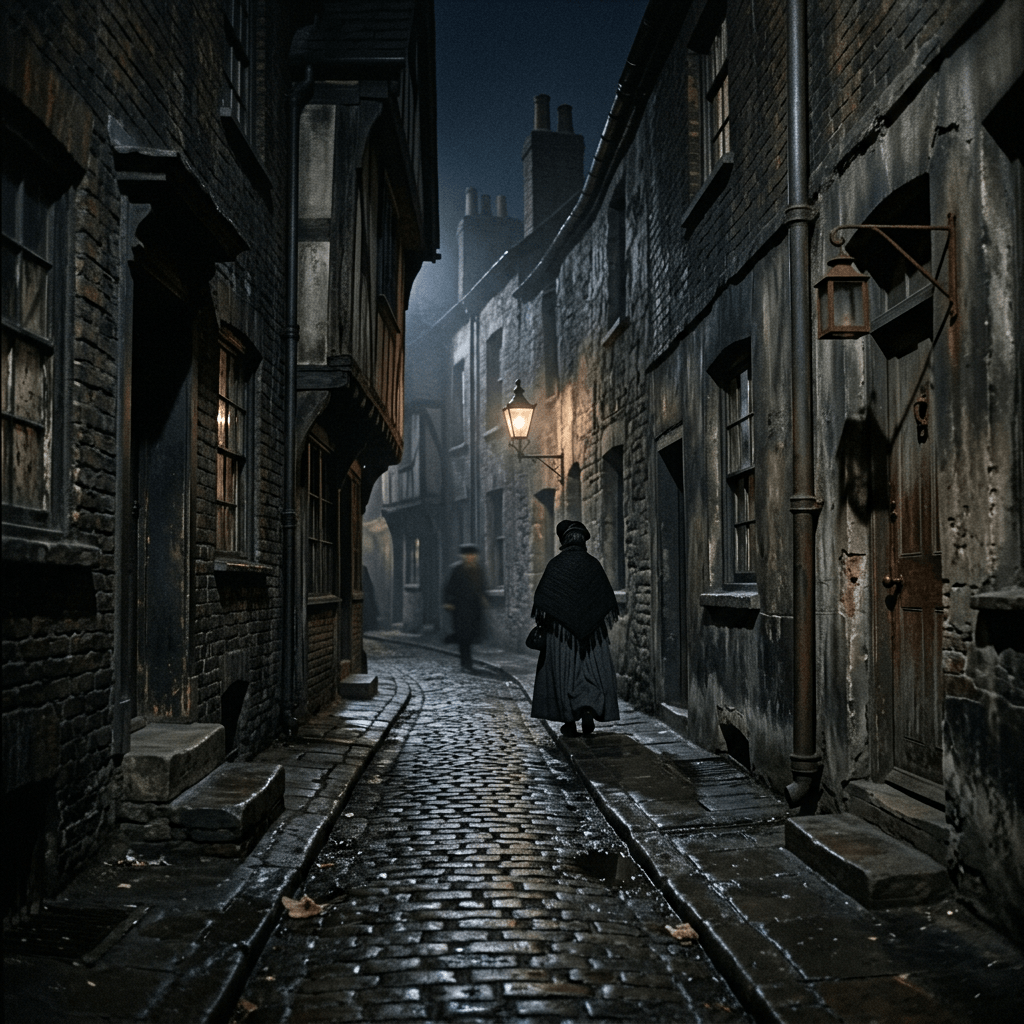 Person walking along narrow cobblestone street between brick buildings at night
