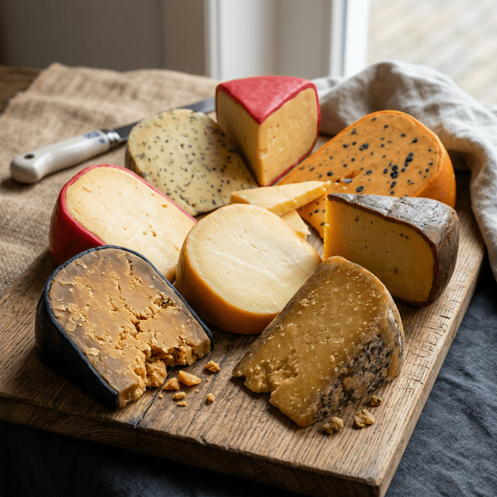 Assortment of different artisanal cheeses on a wooden board