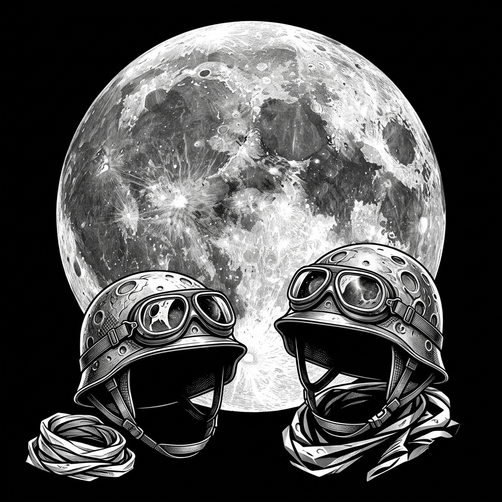 Two empty helmets, larger moon