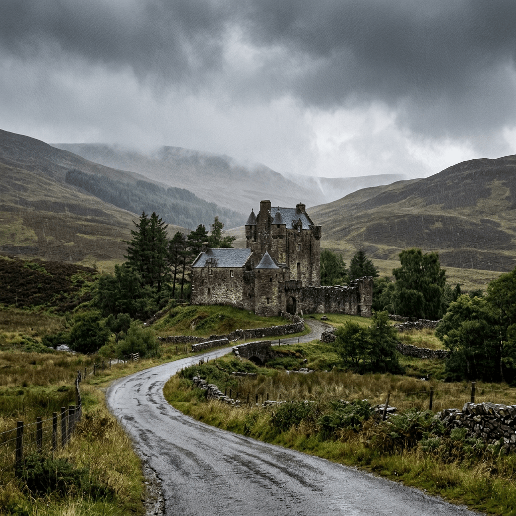 Small Scottish castle, gentle hills, road access, rain