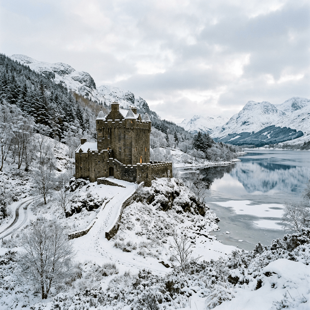 Stone castle on snowy hill overlooking frozen lake and mountain range