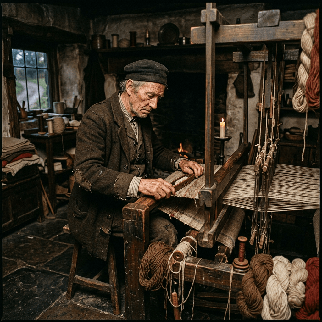 Elderly man weaving fabric on a wooden loom surrounded by yarn in a rustic room