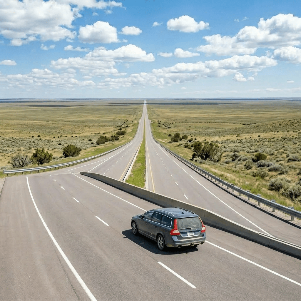 Car driving on winding mountain road with pine trees and rocky cliffs