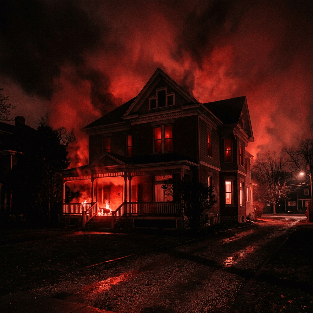 Two-story house with front porch engulfed in flames and smoke at night