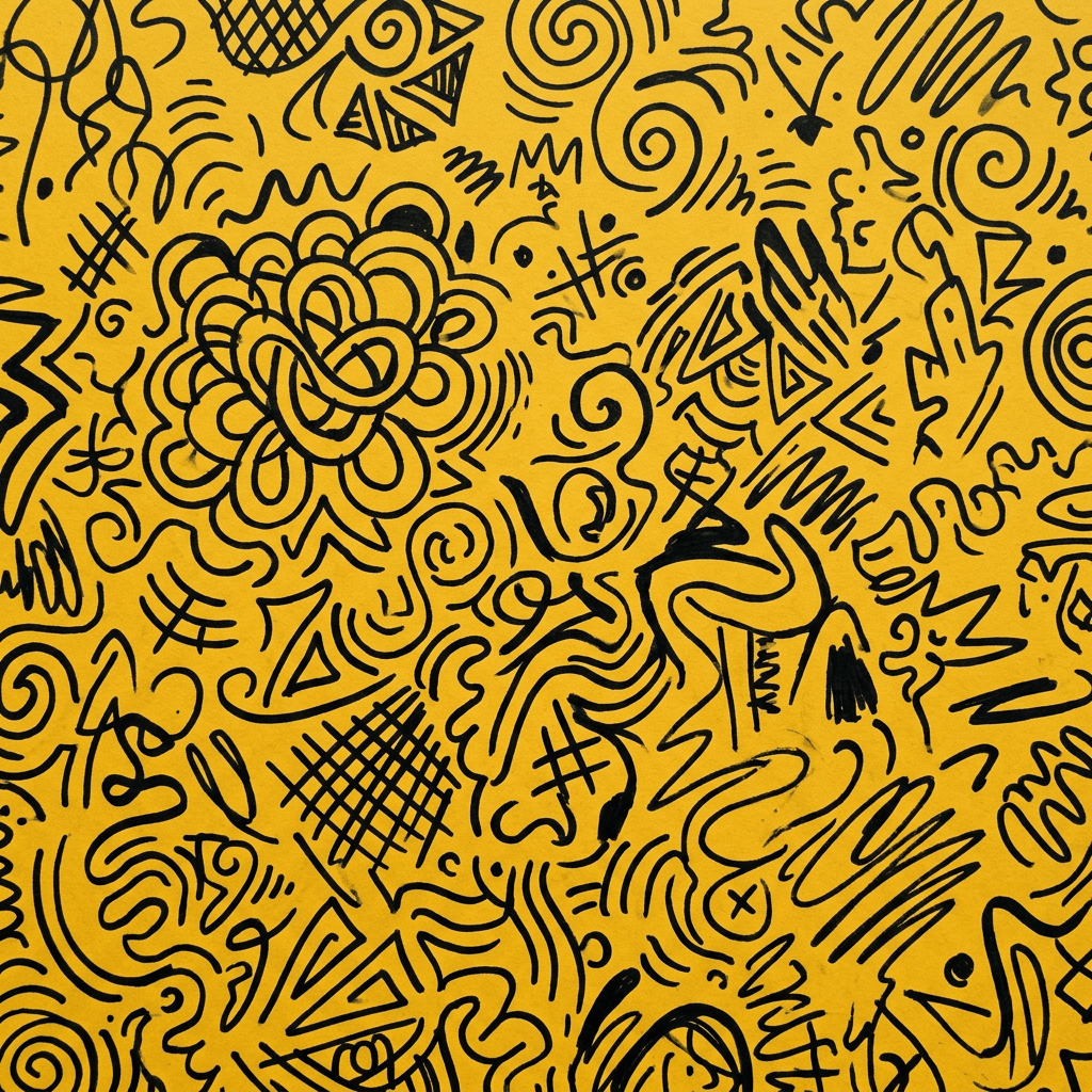 Abstract black doodle shapes and lines on yellow surface