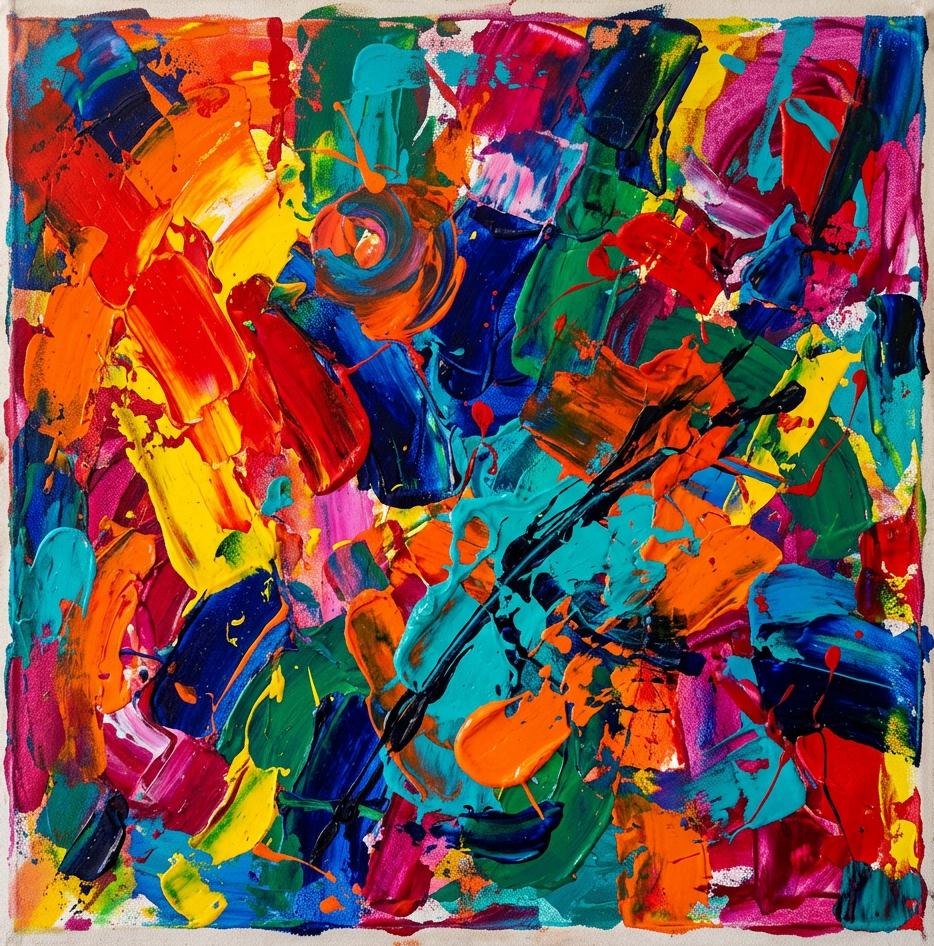 Vibrant abstract painting with multicolored layered brushstrokes